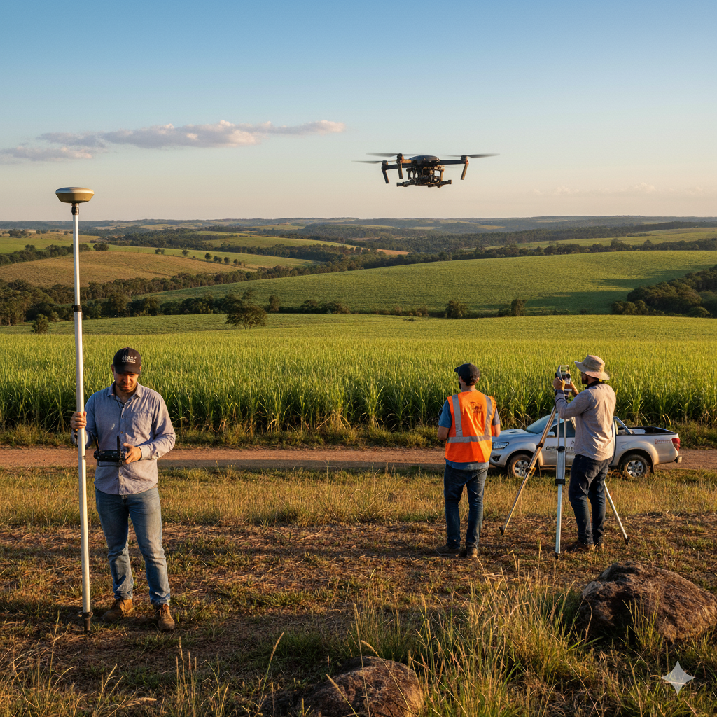 Equipe realizando georreferenciamento em campo com equipamentos GPS